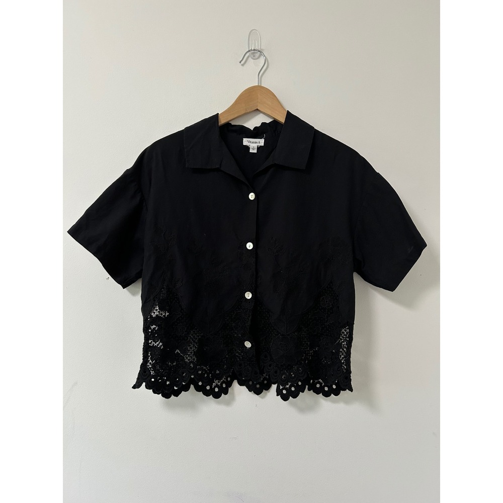 Vitamin A Embroidered Lace Hem Shirt Women Size S Black Cottagecore Cropped Top